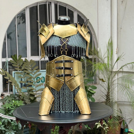 Front view of Medieval Lady Warrior Armor Set with chainmail and corset