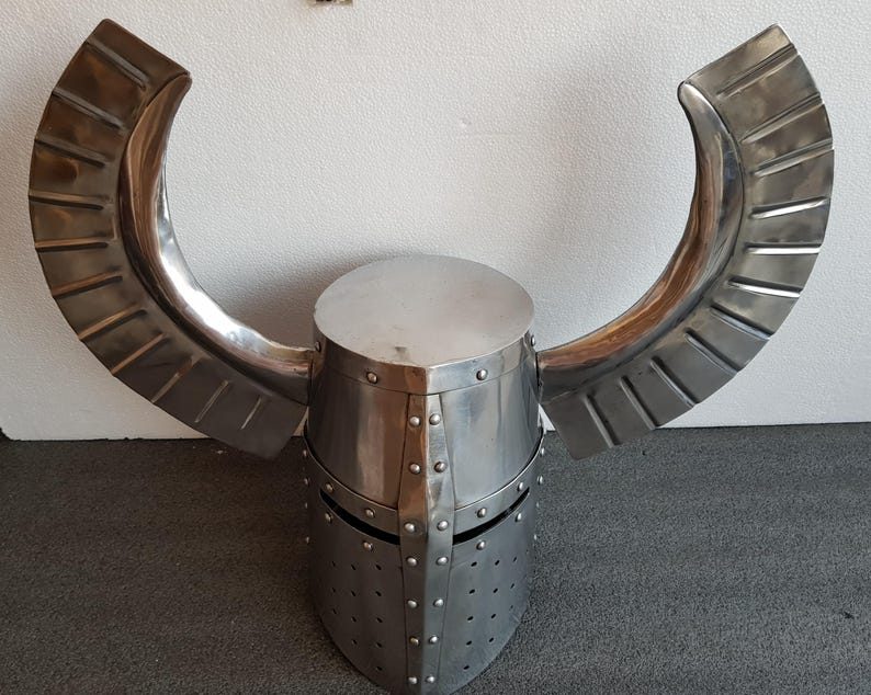 Medieval LARP armor helmet showing ventilation holes for breathability