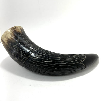 Medieval LARP drinking horn decorated with intricate handmade carvings