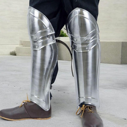Close-up of genuine leather straps on medieval leg armor for secure LARP fit