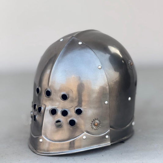 Front view of medieval marauder helmet in black and grey – dark knight armor for LARP and cosplay