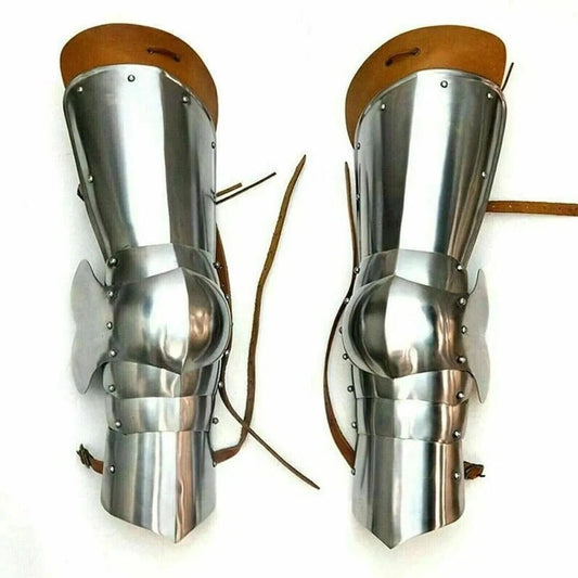Maximilian-style full leg armor for knight Halloween costume in silver finish