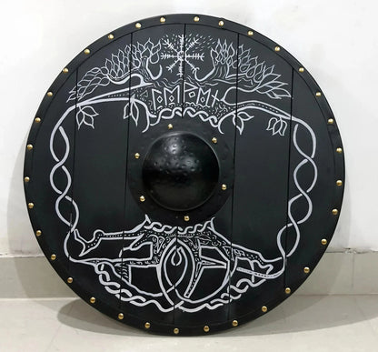 Back side of wearable Norse wooden shield showing leather straps