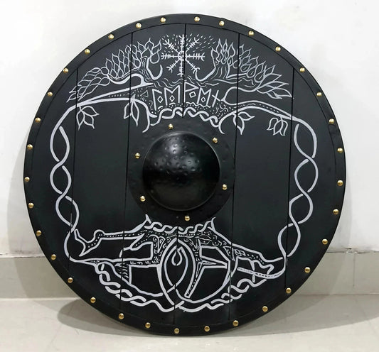 Back side of wearable Norse wooden shield showing leather straps