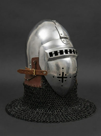 Medieval Nurnberg Bascinet Hounskell Helmet front view with hounskell visor and chainmail