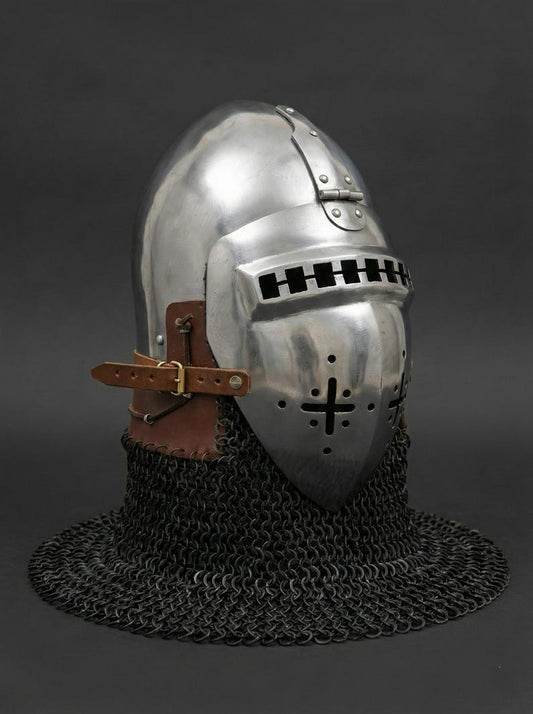 Medieval Nurnberg Bascinet Hounskell Helmet front view with hounskell visor and chainmail
