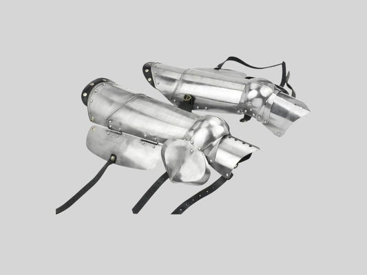 Front view of Medieval Polished Steel Knight Leg Armor Set with cuisse and poleyn

