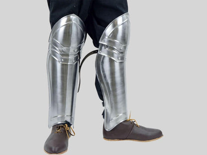Medieval polished steel knight leg greaves front view for cosplay and LARP