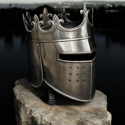 Front view of Medieval Queen/King Crown Helmet in polished steel for cosplay and LARP