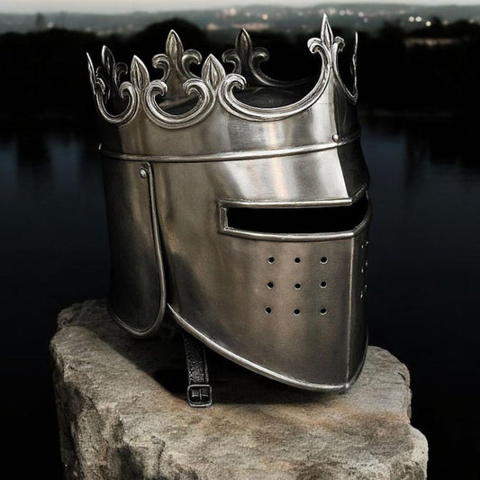 Front view of Medieval Queen/King Crown Helmet in polished steel for cosplay and LARP