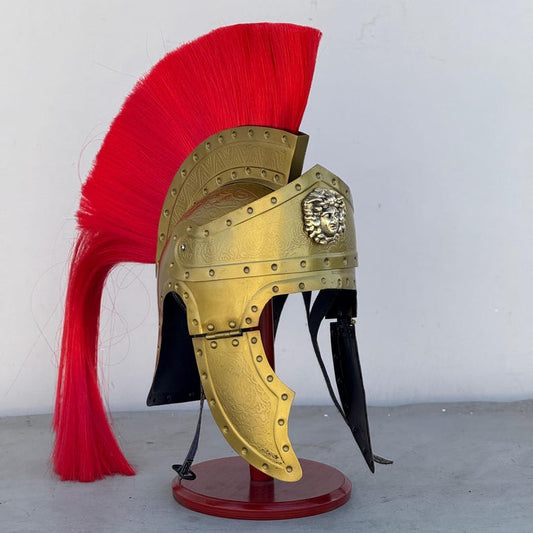 Front view of Medieval Roman Emperors Praetorian Guard Helmet with red plume and free wooden stand