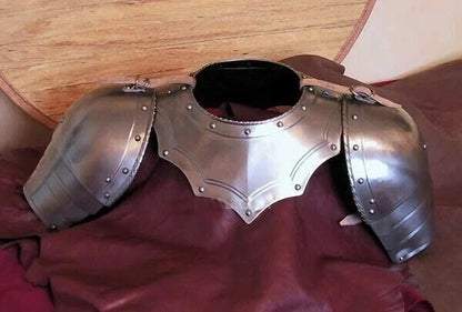 Front view of medieval knight pauldrons and gorget shoulder armor set by Artisans Hub


