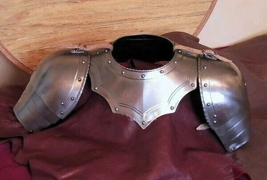 Front view of medieval knight pauldrons and gorget shoulder armor set by Artisans Hub

