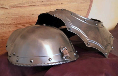 Side view of LARP medieval pauldrons and gorget steel armor replica by Artisans Hub

