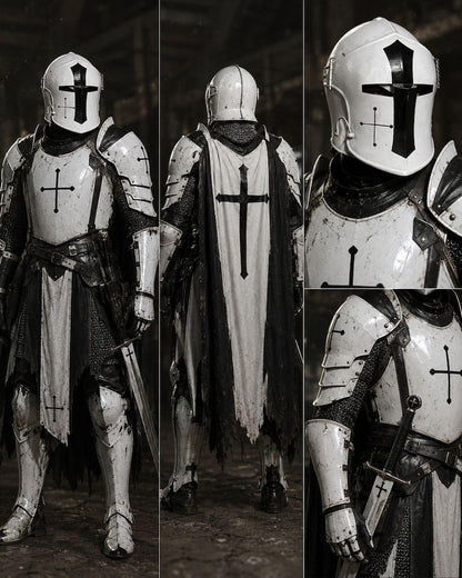 Medieval steel armor set with cape, Barbuta helmet, and full body protection designed for reenactment and cosplay use