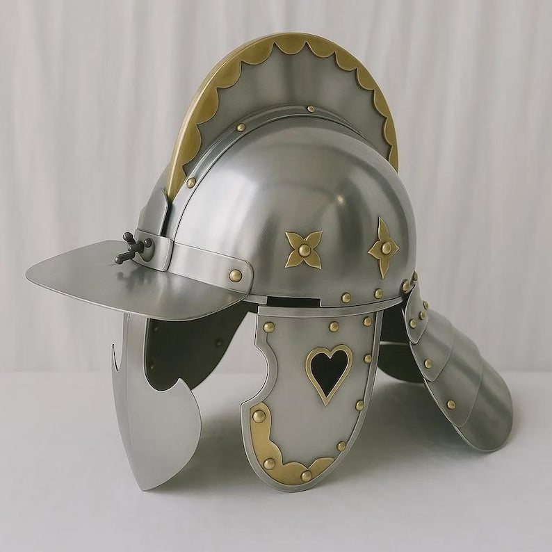 Medieval Steel & Brass Burgonet Helmet – Mid Century Replica Armor for display or cosplay