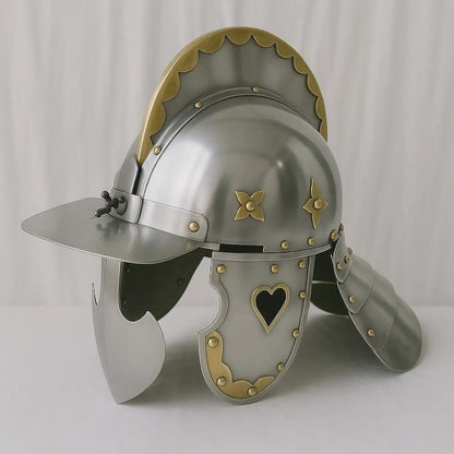 Medieval Steel & Brass Burgonet Helmet – Mid Century Replica Armor for display or cosplay