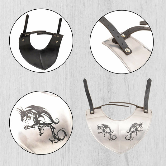 Close-up of mirrored dragon design on steel gorget neck armor by Artisans Hub

