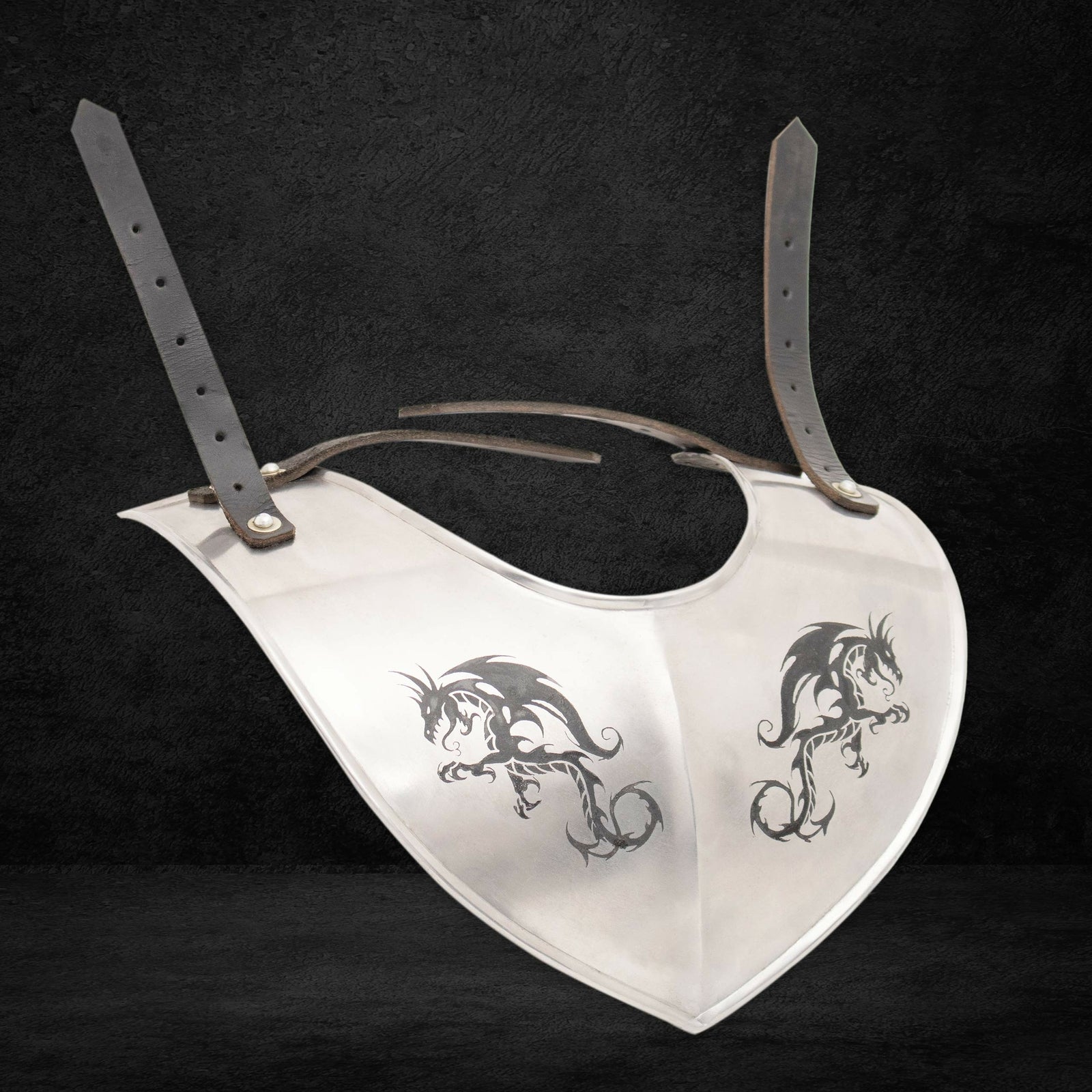 Front view of medieval knight steel gorget neck armor with dragon design by Artisans Hub

