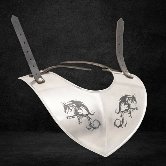 Front view of medieval knight steel gorget neck armor with dragon design by Artisans Hub

