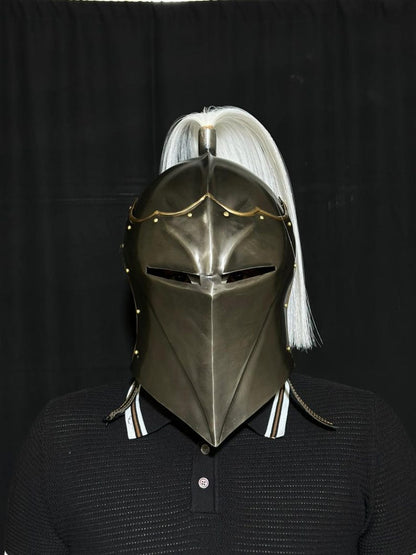 Handcrafted Medieval Steel Helmet with Plume showcasing premium steel finish and decorative feather design