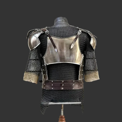 Medieval steel lamellar armor featuring adjustable leather straps and shoulder pauldrons