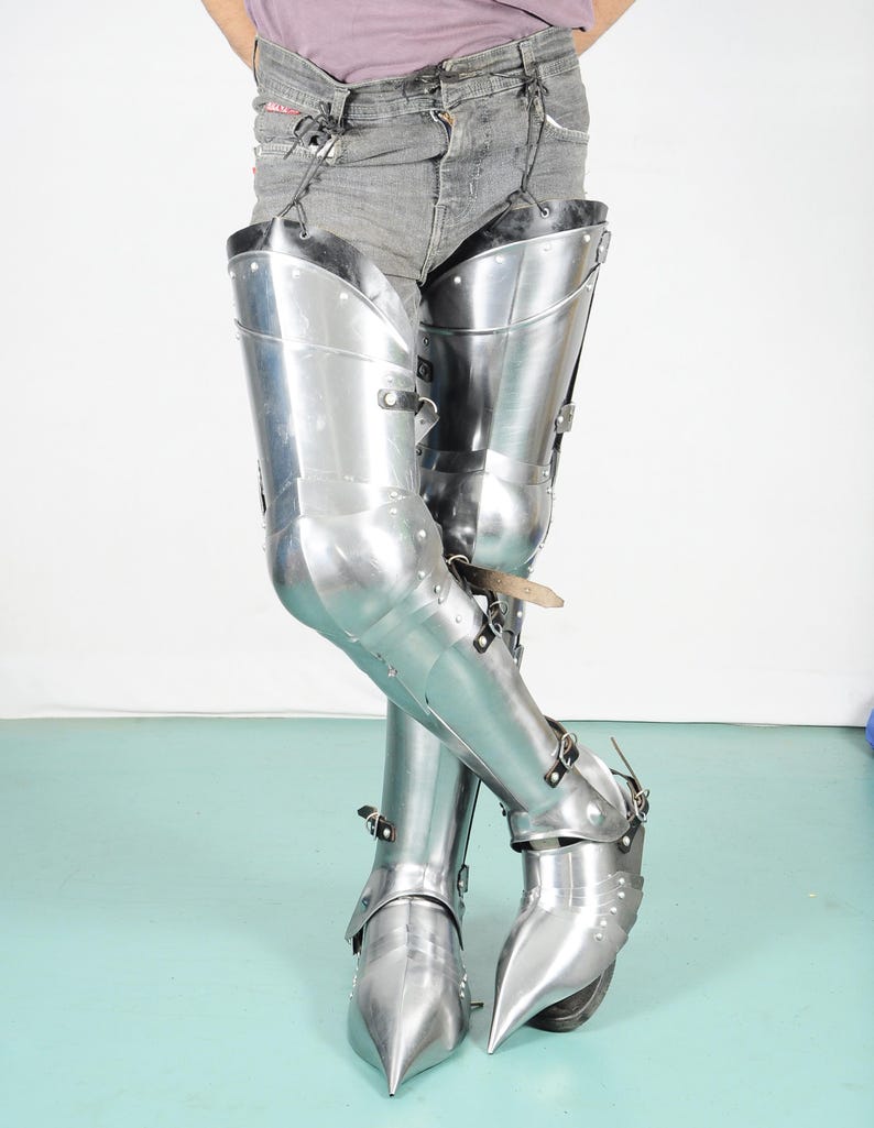Medieval Steel Leg Armor – Gothic Knight Full Set Front View for LARP & Cosplay