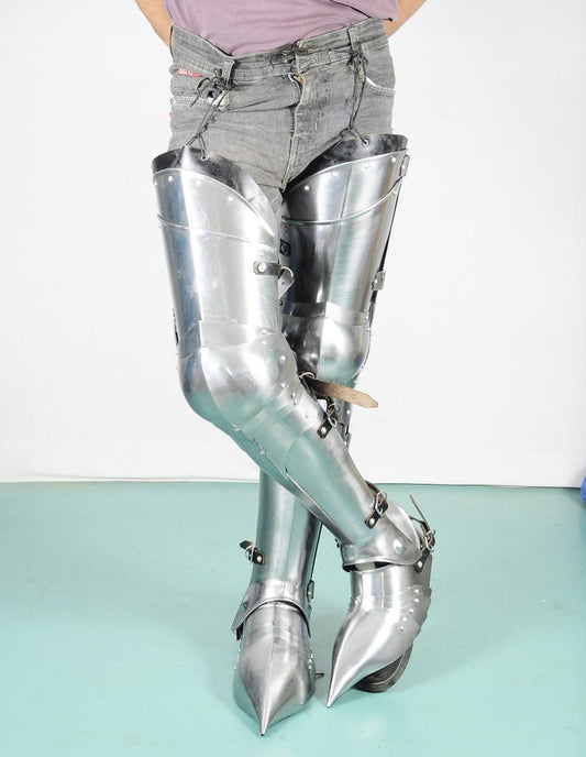Medieval Steel Leg Armor – Gothic Knight Full Set Front View for LARP & Cosplay
