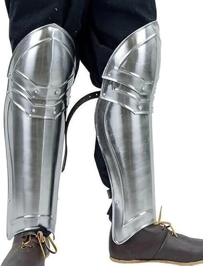 Front view of medieval steel leg guard armor replica knight greaves for adults