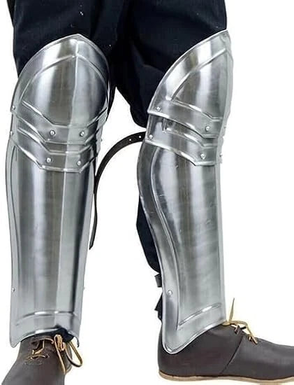 Front view of medieval steel leg guard armor replica knight greaves for adults