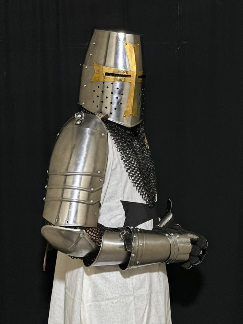 Medieval Templar armor display piece with Great Helm and Crusader surcoat for collectors and historical enthusiasts