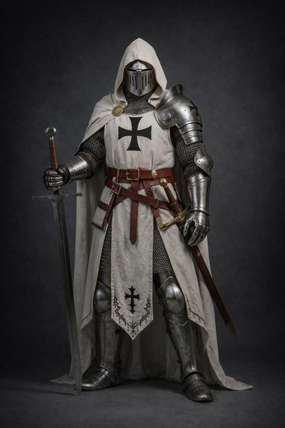Medieval Knight Templar armor side profile showcasing detailed steel plate construction