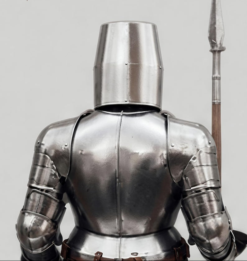 Medieval Templar armor with spear displayed on stand, decorative full suit of armor for collectors and enthusiasts