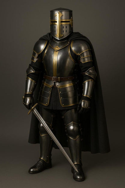 Medieval Templar Full Body Armor Suit showing helmet and steel pauldrons for men’s cosplay and LARP events
