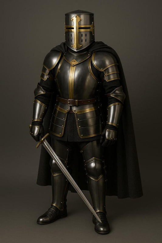 Medieval Templar Full Body Armor Suit showing helmet and steel pauldrons for men’s cosplay and LARP events