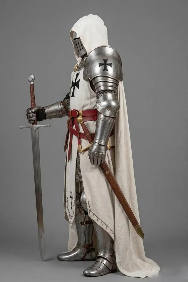 Medieval Templar knight armor side angle with detailed black cross craftsmanship