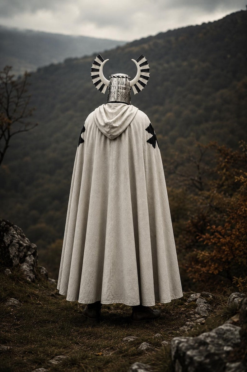 Side view of Medieval Knight White Templar Armor featuring winged helmet and crusader cloak for LARP costume and historical roleplay