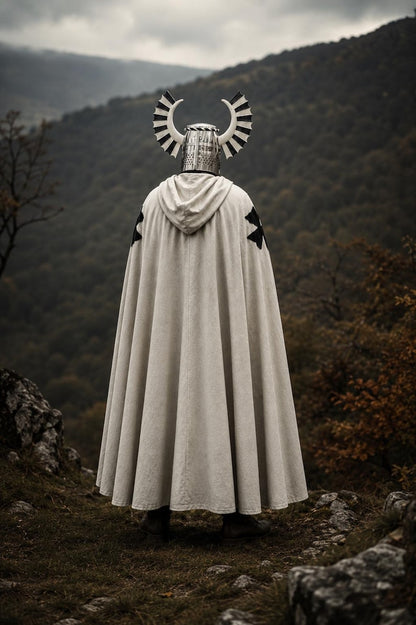 Side view of Medieval Knight White Templar Armor featuring winged helmet and crusader cloak for LARP costume and historical roleplay