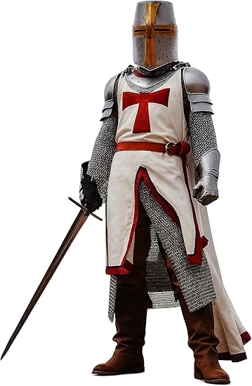 Full view of Medieval Templar Knight Crusader Chainmail Armor Suit with red cross tunic and helmet for cosplay and LARP
