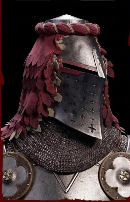 Medieval Templar Knight Helmet side view showing authentic chainmail aventail, steel armor construction, and Crusader-inspired detailing.
