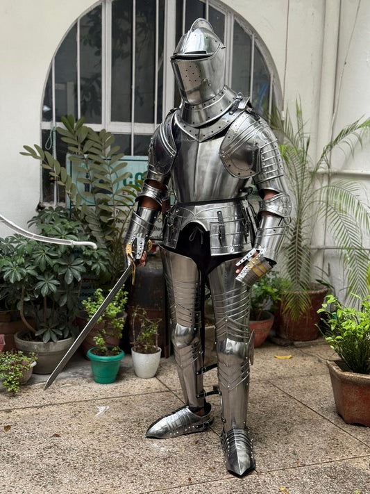 Full view of Medieval Templar Knight Plate Armor with polished steel finish for LARP and cosplay use