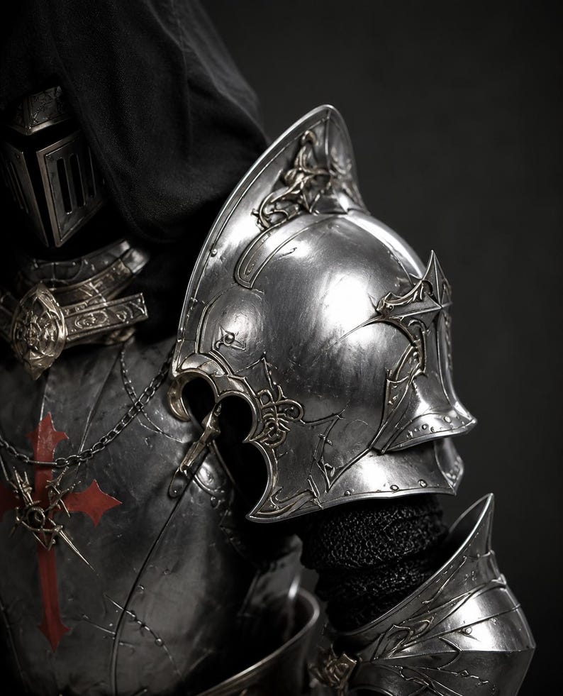 Medieval Templar steel arm bracers and gauntlets detail for knight cosplay armor suit