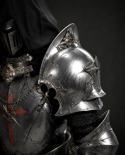 Medieval Templar steel arm bracers and gauntlets detail for knight cosplay armor suit