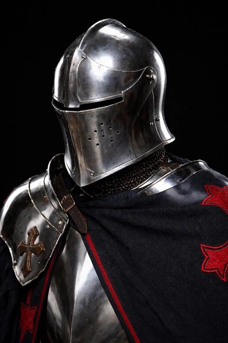 Templar steel cuirass chest and back plate detail of Full Body Barbuta Knight Armor