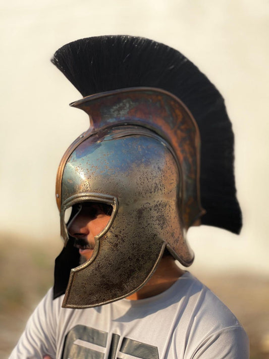Front view of Medieval Troy Achilles Helmet with detailed Spartan costume design