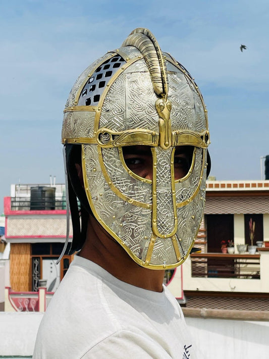 Front view of medieval Vendel Valsgrade helmet handmade Viking Age replica
