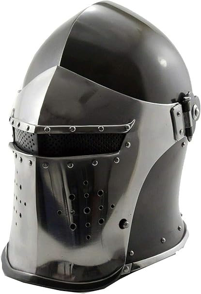 Front view of black medieval Viking barbuta helmet with visored design and antique finish.