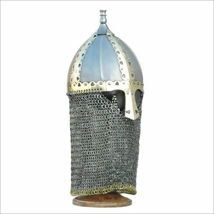 Side angle of handcrafted Viking helmet with chainmail – Artisans Hub 