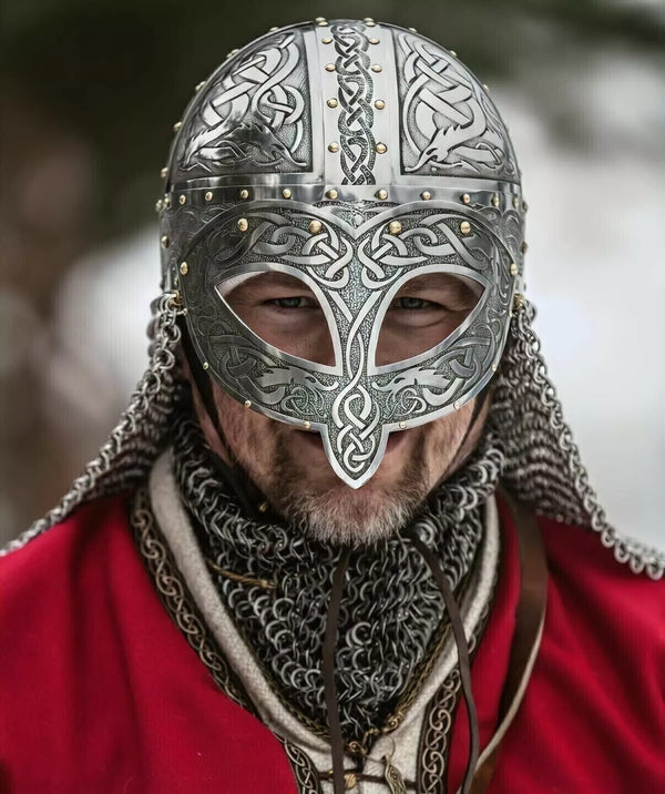 Front view of the Medieval Viking Vendel Helmet with etched steel and chainmail.

