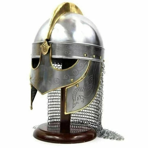 Front view of handmade medieval Viking helmet with chainmail, crafted from 18 gauge iron steel